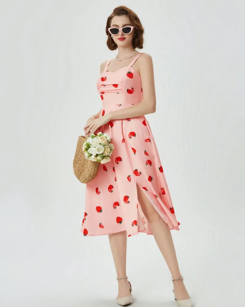 Vintage Floral Patterns Cocktail Dress Sleeveless Spaghetti Strap Ruched Slit A Line Swing Dress with Pockets