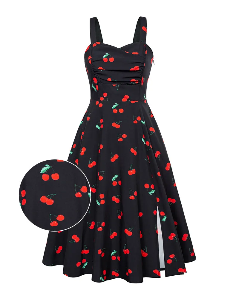 Vintage Floral Patterns Cocktail Dress Sleeveless Spaghetti Strap Ruched Slit A Line Swing Dress with Pockets