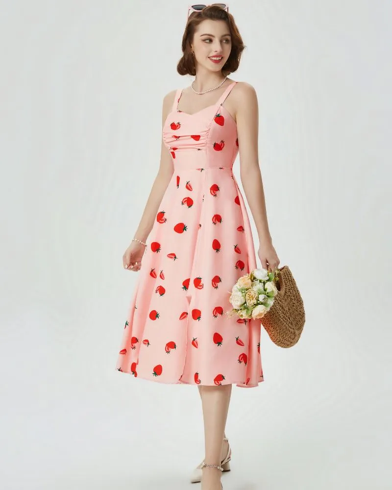 Vintage Floral Patterns Cocktail Dress Sleeveless Spaghetti Strap Ruched Slit A Line Swing Dress with Pockets