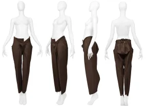 VIVIENNE WESTWOOD & MALCOLM MCLAREN WORLD'S END MENS BROWN STRIPED ASYMMETRICAL "SHARK" PANTS AW PIRATE COLLECTION 1981-82