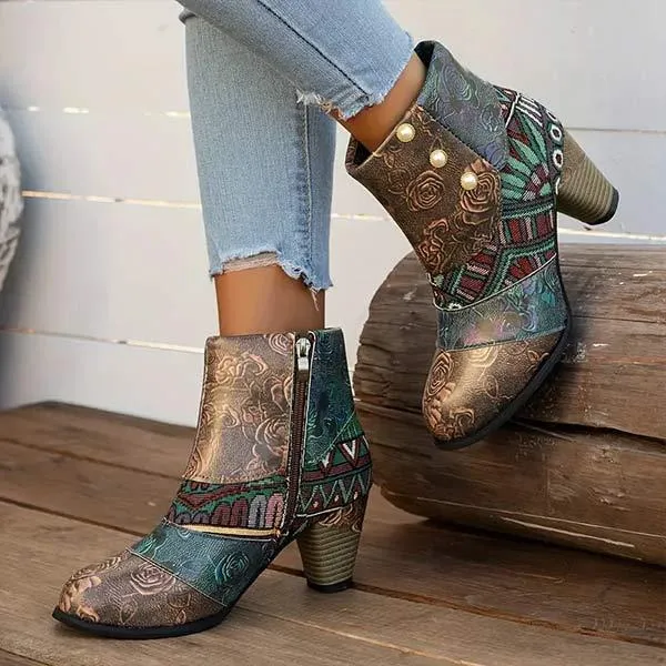 Women's Bohemian Vintage Patchwork High Heel Ankle Boots 47253677C