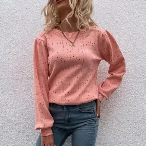 Women's solid color lantern sleeve hollow sweater